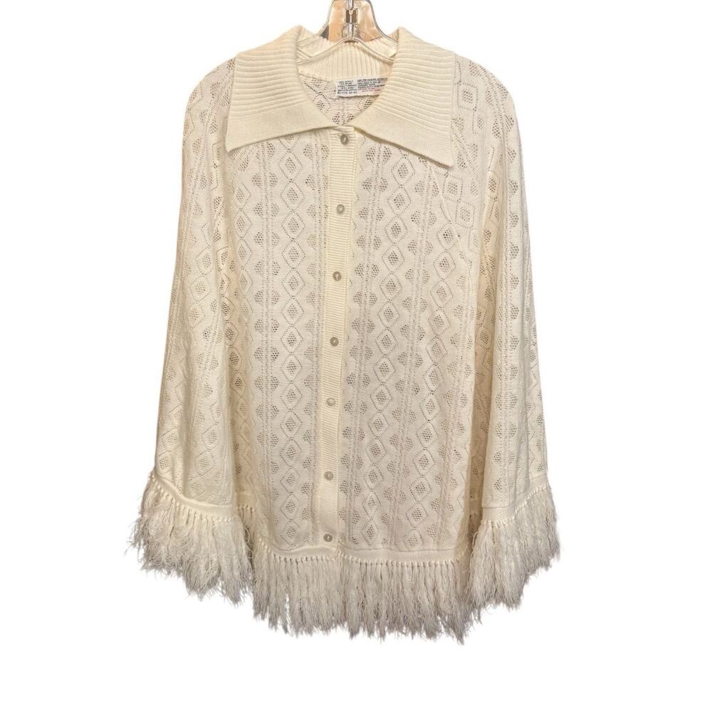 Vintage Ivory Knit Cape Fringe Hem Diamond Crochet Pattern XL